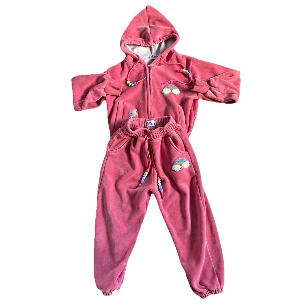 Lola + The boys 2pc pink rainbow Unicorn Jogger  Set Velour Size 6 Darling